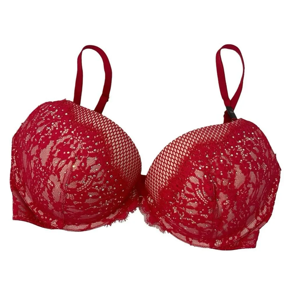 Victoria's Secret Very Sexy Hot Pink Push Up 34DD Bra Fishnet‎ Lace Bling READ